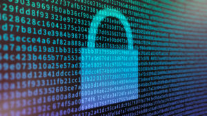 Data encryption concept with a screen full of hexadecimal information and padlock symbol