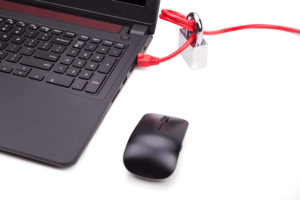 Concept of computer network security with padlock over network c