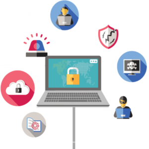 computer with bubbles surrounding it representing cybersecurity threats and solutions